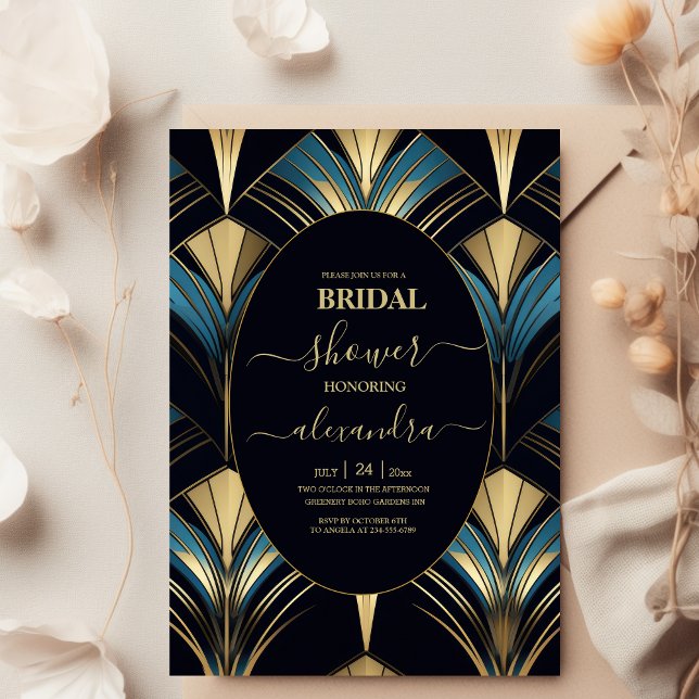 Glamourous Blue and Gold Art Deco Bridal Invitation (Creator Uploaded)