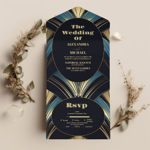 Glamourous Blue and Gold Art Deco Wedding All In One Invitation