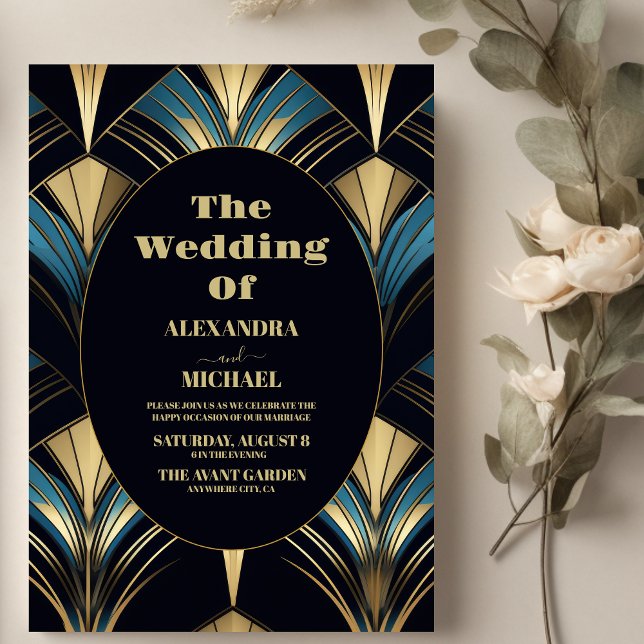 Glamourous Blue and Gold Art Deco Wedding  Invitation (Creator Uploaded)