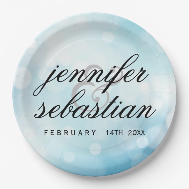 Glamourous Blue Bokeh Light monogram wedding Paper Plate (Front)