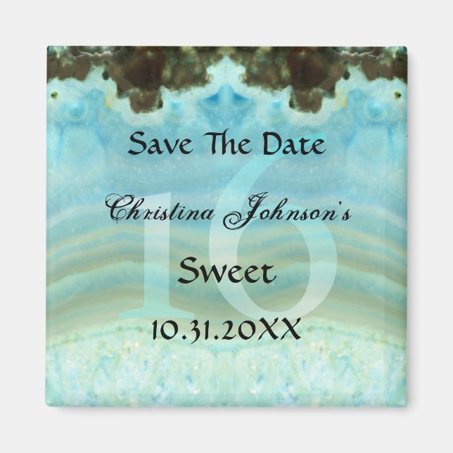Glamourous Blue Crystal Sweet 16 Save The Date Magnet (Front)