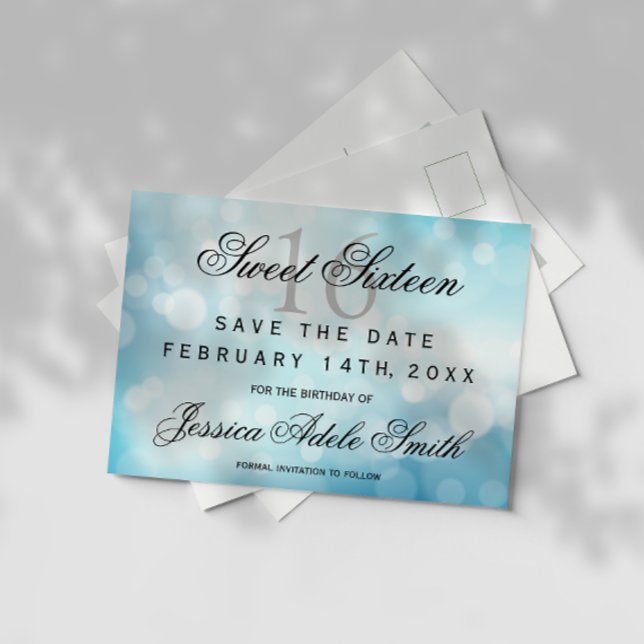 Glamourous Blue Glitter  Sweet 16 save the date Postcard (Creator Uploaded)