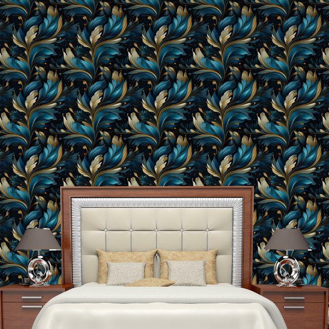 Glamourous Blue Gold Leaves Pattern Wallpaper (Creator Uploaded)