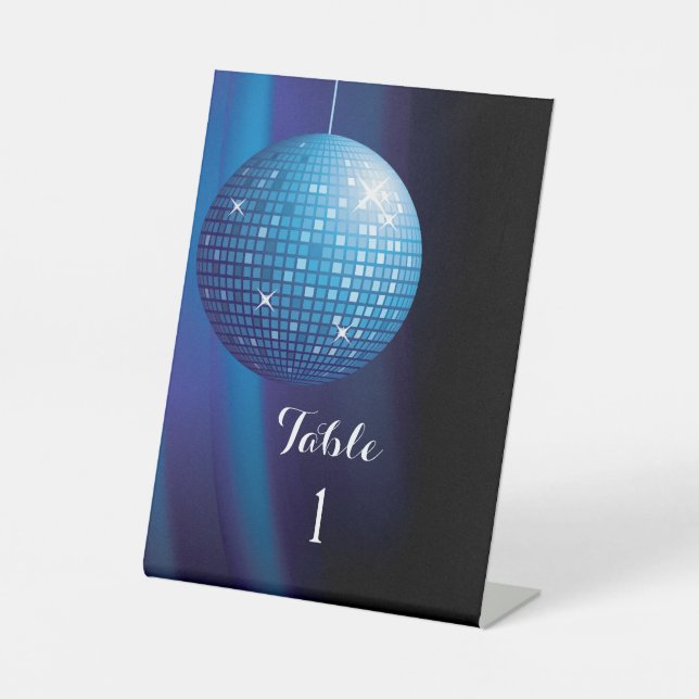 Glamourous Blue Party Disco Ball Table Number Pedestal Sign (Front)