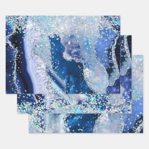 Glamourous Blue & Silver Faux Glitter Agate Wrapping Paper Sheet