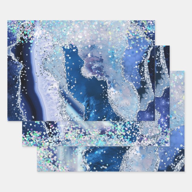 Glamourous Blue & Silver Faux Glitter Agate Wrapping Paper Sheet (Set)