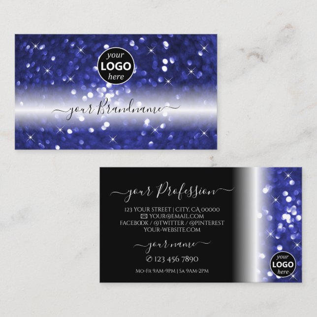 Glamourous Blue Sparkling Glitter Stars with Logo Business Card (Front/Back)