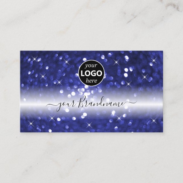 Glamourous Blue Sparkling Glitter Stars with Logo Business Card (Front)