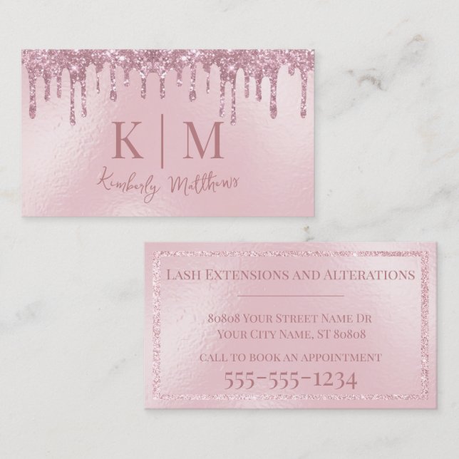 Glamourous Blush Pink Glitter Monogram Initials Business Card (Front/Back)