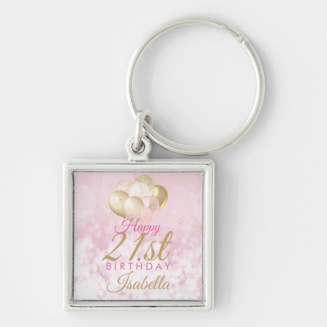 Glamourous Blush Pink Gold 21st Birthday Balloon Key Ring (Front)