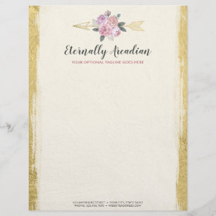 Glamourous Bohemian Floral Arrows Pink Gold Boho Custom Letterhead