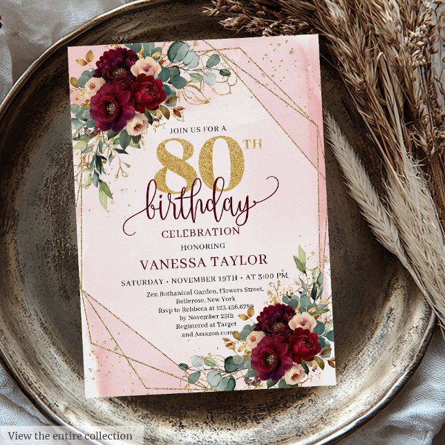 Glamourous Boho Burgundy Gold Roses 80th Birthday  Invitation (Glamorous Boho Burgundy Gold Roses 80th Birthday Invitation)
