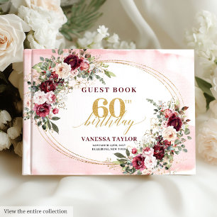 Glamourous Boho Marsala Floral Gold 60th Birthday Guest Book