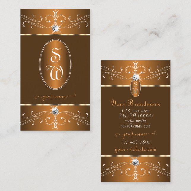 Glamourous Brown Orange Ornate Ornaments Monogram Business Card (Front/Back)