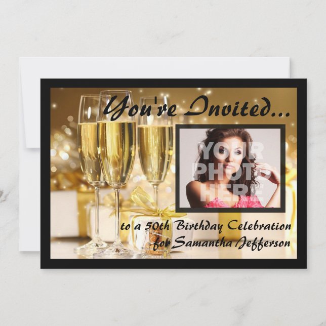 Glamourous Bubbly Photo 50th Birthday Invitations (Front)