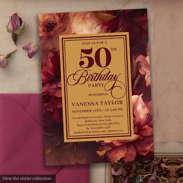 Glamourous burgundy blush gold roses 50th birthday invitation (Glamorous burgundy blush gold roses 50th birthday card

)