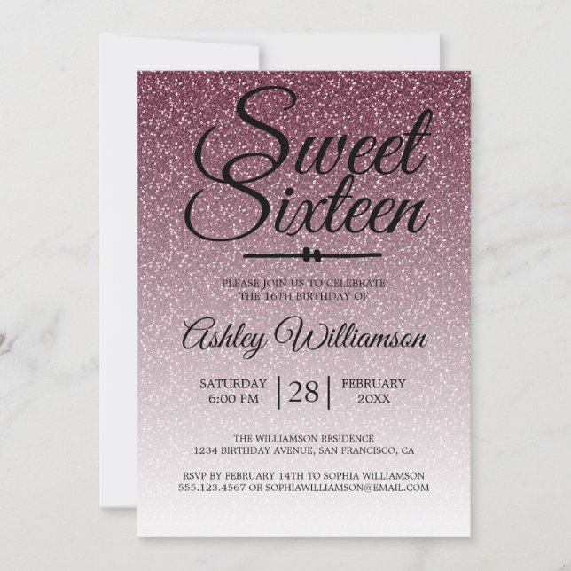 Glamourous Burgundy Glitter Ombre Sweet 16 Birthda Invitation (Front)