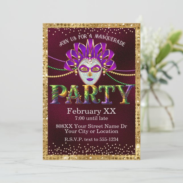 Glamourous Burgundy Masquerade Mardi Gras Party Invitation (Standing Front)