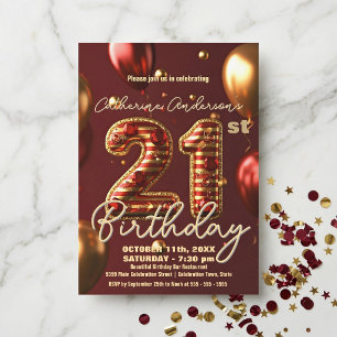 Glamourous Burgundy Red Gold Balloon 21st Birthday Invitation