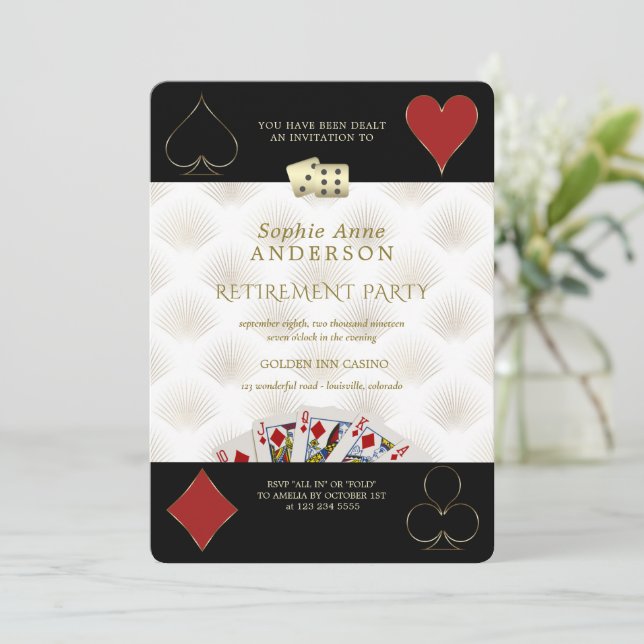 Glamourous Casino Vegas Poker Retirement Party  Invitation (Standing Front)