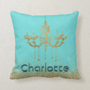 Glamourous Chandelier Aqua Teal Gold Glitter Name Cushion