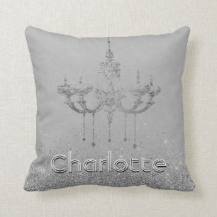 Glamourous Chandelier Grey Silver Glitter Name Cushion