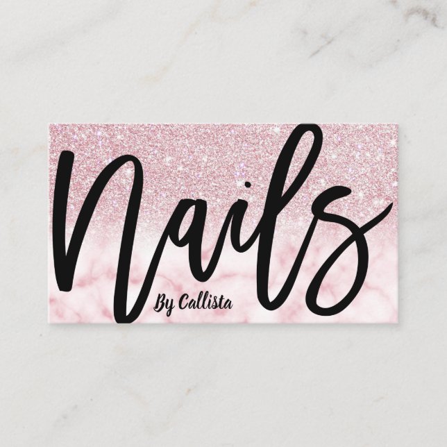 Glamourous Chic Pink Glitter Marble Nail Technicia Business Card (Front)
