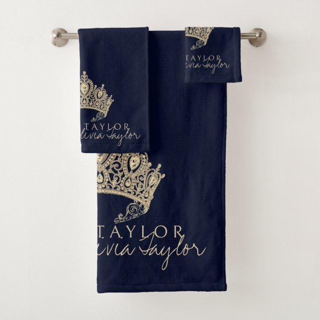 Glamourous Dark Blue Gold Personalised bath towel  (Insitu)