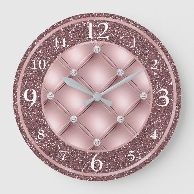 Glamourous Dark Blush Pink Glitter and Diamonds Large Clock (Front)