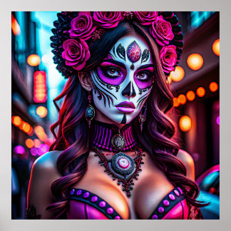 Glamourous Día de los Muertos Catrina portrait wit Poster
