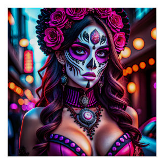 Glamourous Día de los Muertos Catrina portrait wit Poster