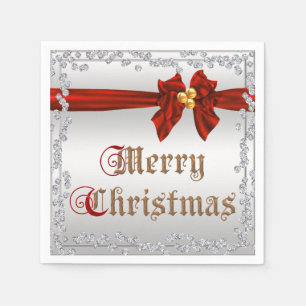 Glamourous Diamonds & Red Silky Sash Bow Christmas Napkin
