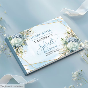 Glamourous Dusty Blue White Peonies Sweet Sixteen Guest Book