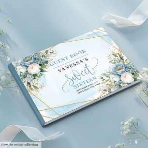 Glamourous Dusty Blue White Peonies Sweet Sixteen Guest Book