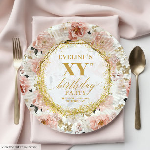 Glamourous Dusty Pink Floral Birthday Paper Plates
