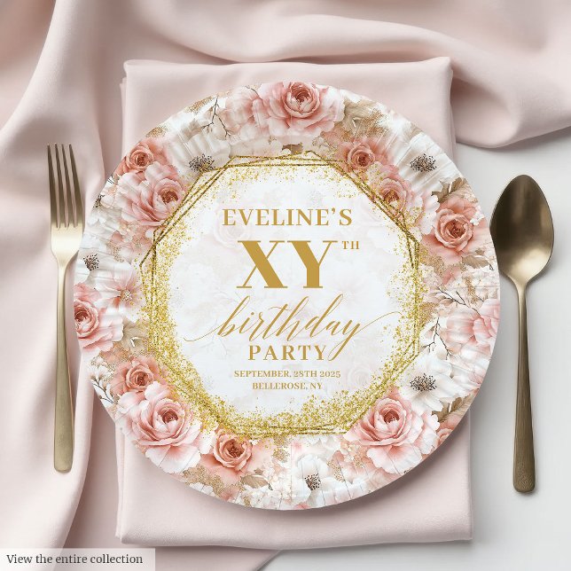 Glamourous Dusty Pink Floral Birthday Paper Plates (Glamorous Dusty Pink Floral Birthday Paper Plates

)