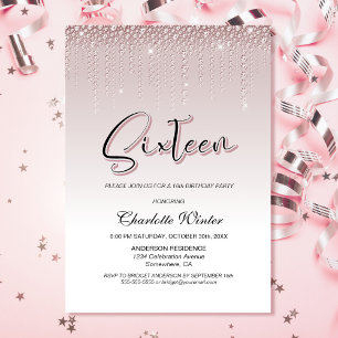 Glamourous Dusty Rose Pink Diamonds 16th Birthday Invitation