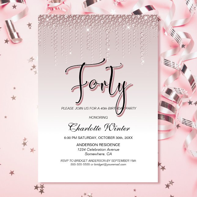 Glamourous Dusty Rose Pink Diamonds 40th Birthday Invitation (Creator Uploaded)