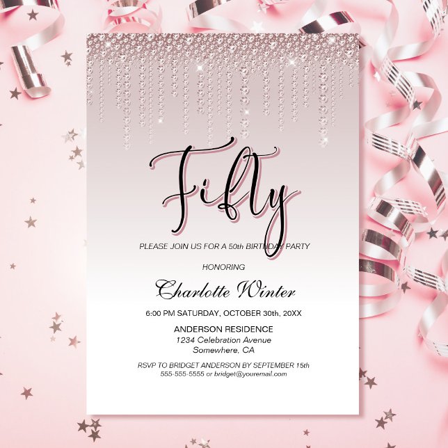 Glamourous Dusty Rose Pink Diamonds 50th Birthday Invitation (Creator Uploaded)