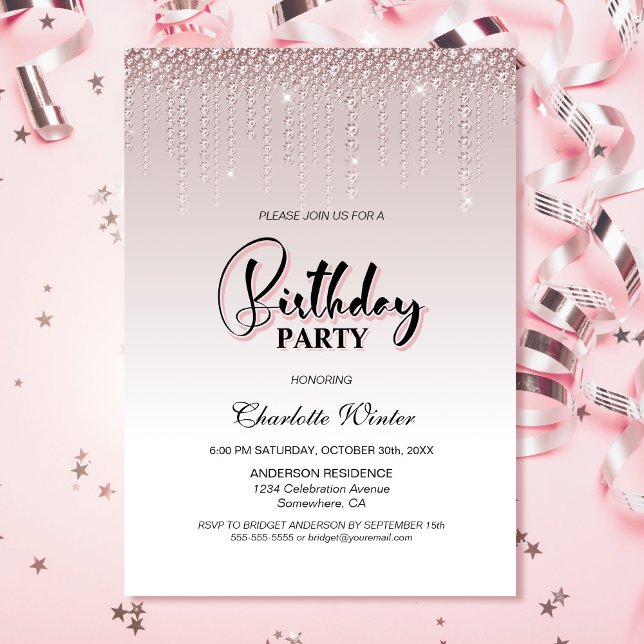Glamourous Dusty Rose Pink Diamonds Birthday Party Invitation (Creator Uploaded)