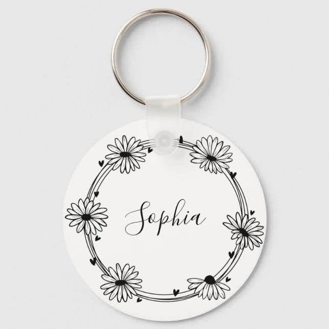 Glamourous elegant black and white name monogram key ring (Front)