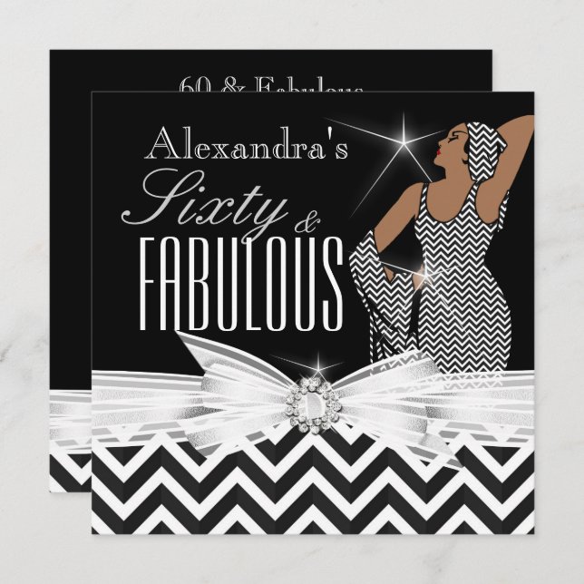 Glamourous Fabulous 60 Chevron Black White Birthda Invitation (Front/Back)