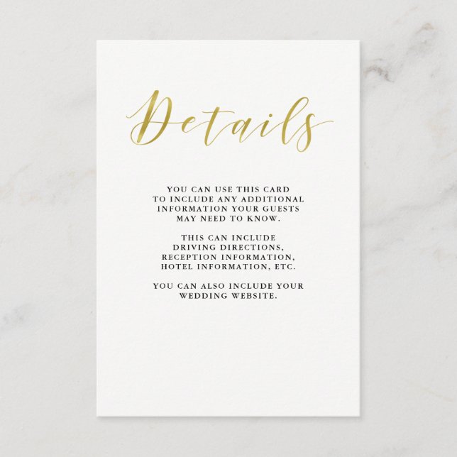 Glamourous Faux Gold Classic Wedding Guest Details Enclosure Card (Front)
