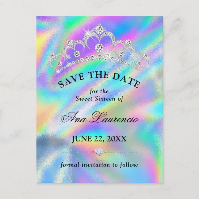 Glamourous Faux Holographic Save The Date Sweet 16 Postcard (Front)