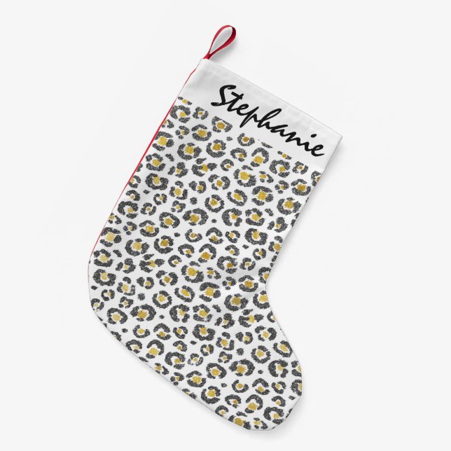 Glamourous Faux Sparkly Gold & Silver Leopard Small Christmas Stocking (Front (Hanging))