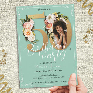 Glamourous Floral Gold Photo 50th Birthday Party Invitation