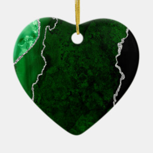 Glamourous Forest Green Marble Chic Silver Glitter Ceramic Ornament