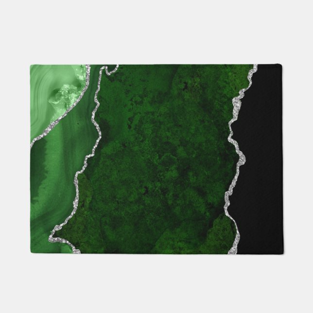 Glamourous Forest Green Marble Chic Silver Glitter Doormat (Front)