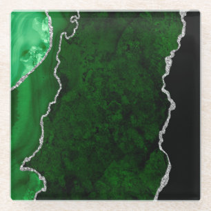 Glamourous Forest Green Marble Chic Silver Glitter Glass Coaster