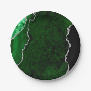 Glamourous Forest Green Marble Chic Silver Glitter Paper Plate